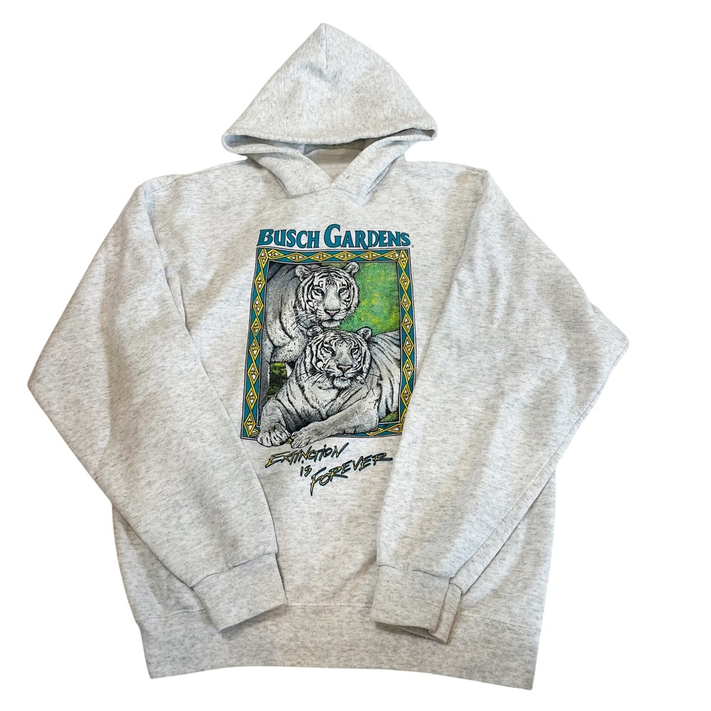 Vintage 90s Busch Gardens White Tiger Extinction is Forever Hoodie Gray MEDIUM
